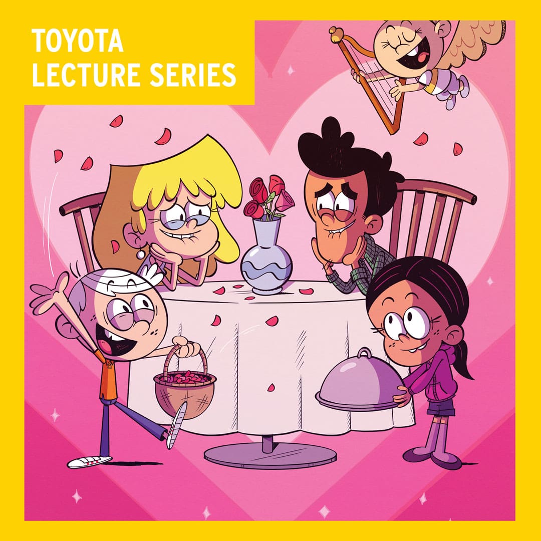 cartoon image of people sitting at a table with a heart behind them that says Toyota Lecture Series