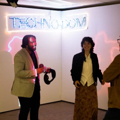 a VR display that says Technodom at the student exhibition opening