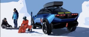 rendering of a blue car with a luggage rack in the snow