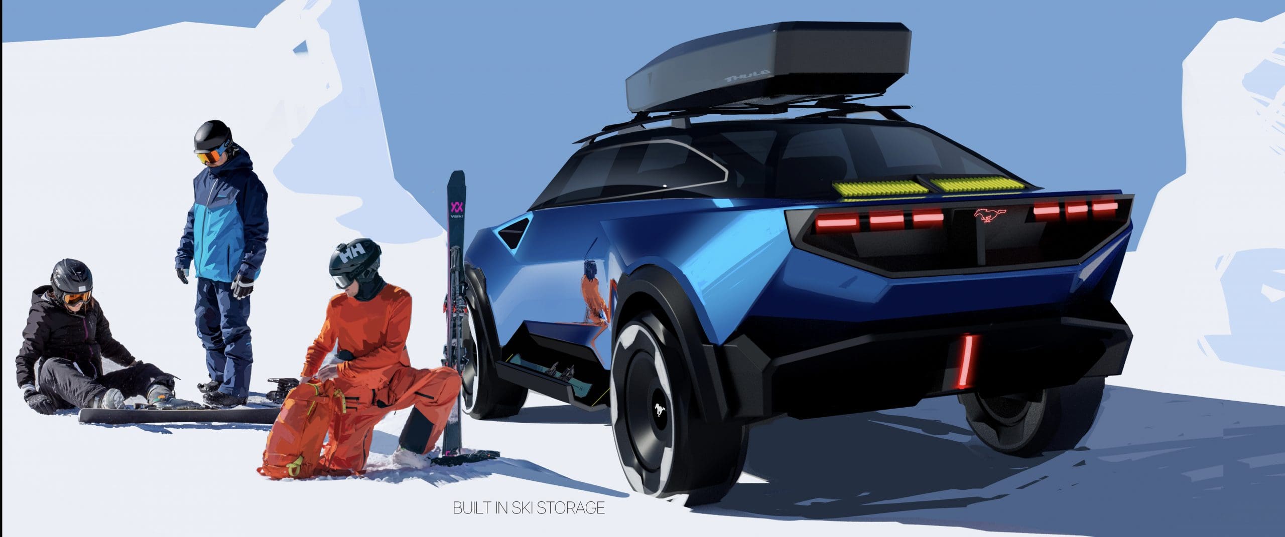 rendering of a blue car with a luggage rack in the snow