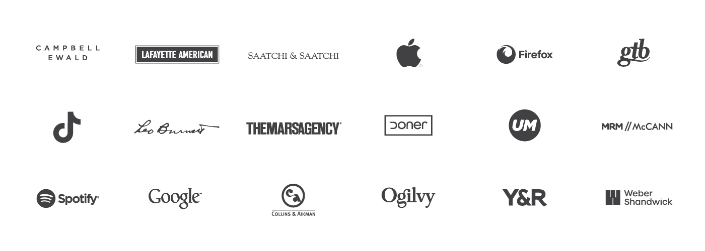 AD Logos logos to demonstrate where our alumni work including apple, ogilvy, google, Leo Burnett and many more