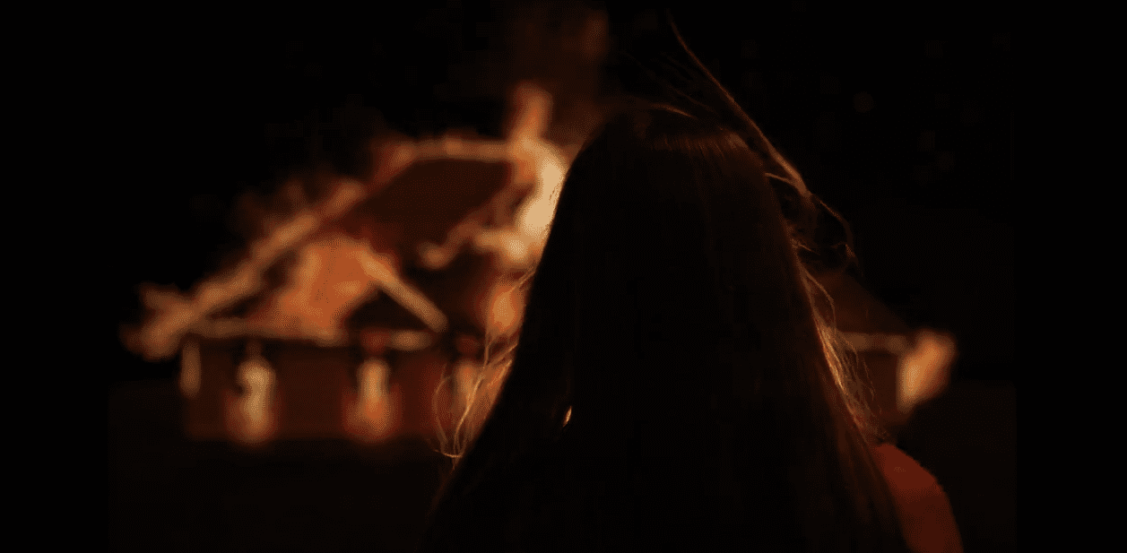 the back of a woman's head while looking at a burning house at night