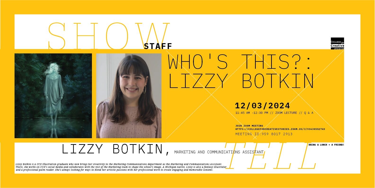 An event flyer with event details, artist's headshot, and bio.