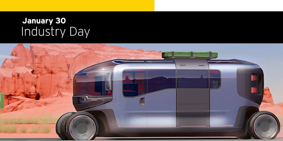 a rendering of a van-like vehicle with a desert landscape that says Industry Day