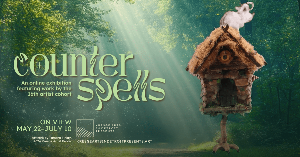 a green forest scene with a haunted birdhouse that says Counterspells, an online exhibition featuring work by the 16th artist cohort on view May 22-July 10