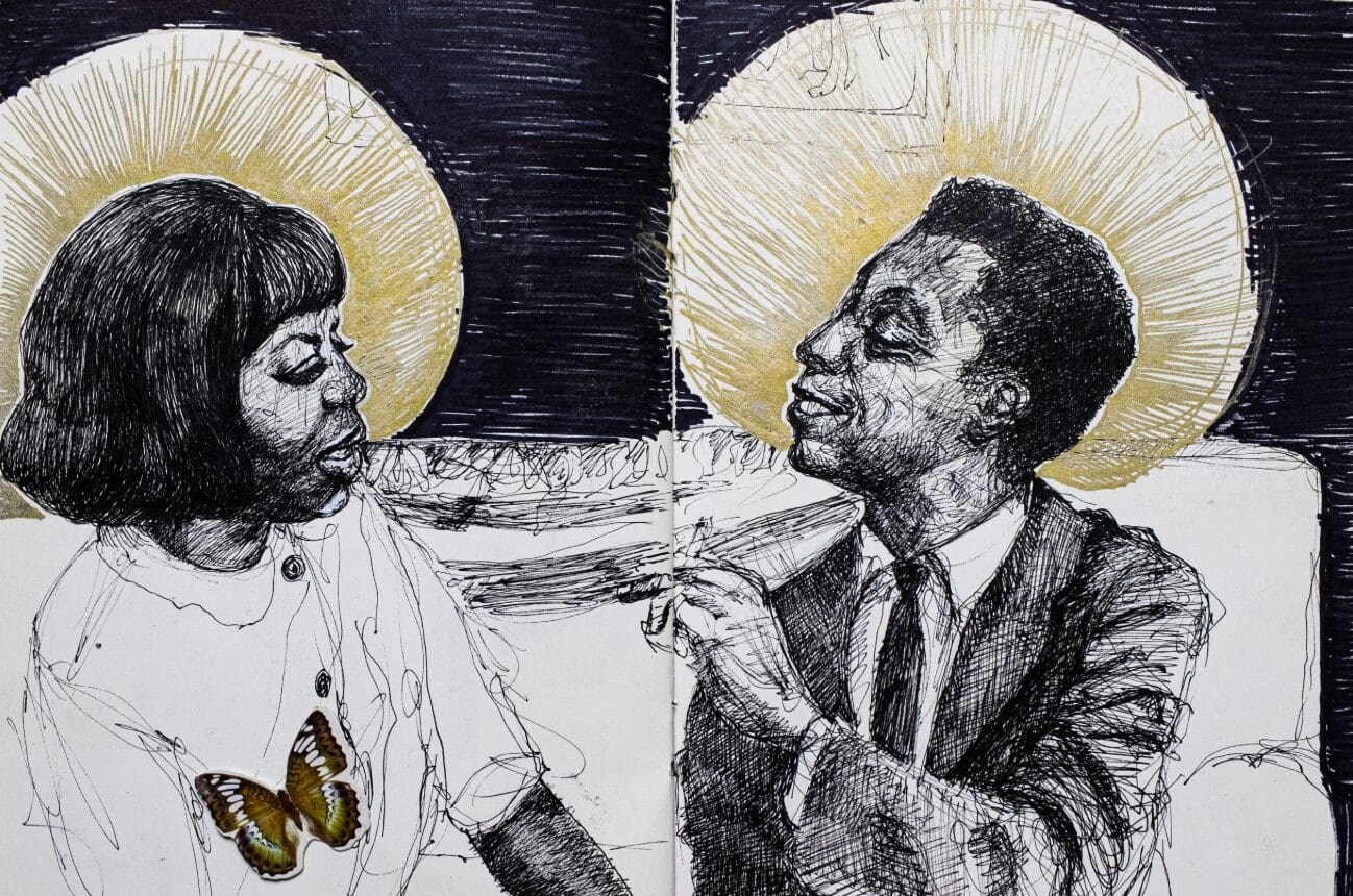 Sabrina Nelson black and white art piece of James Baldwin and another person looking at each other with gold behind their head