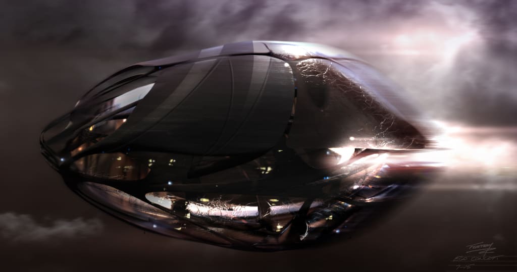 Guardians - Tim Flattery concept art of a oval-shaped space ship for the Guardian's of the Galaxy 2