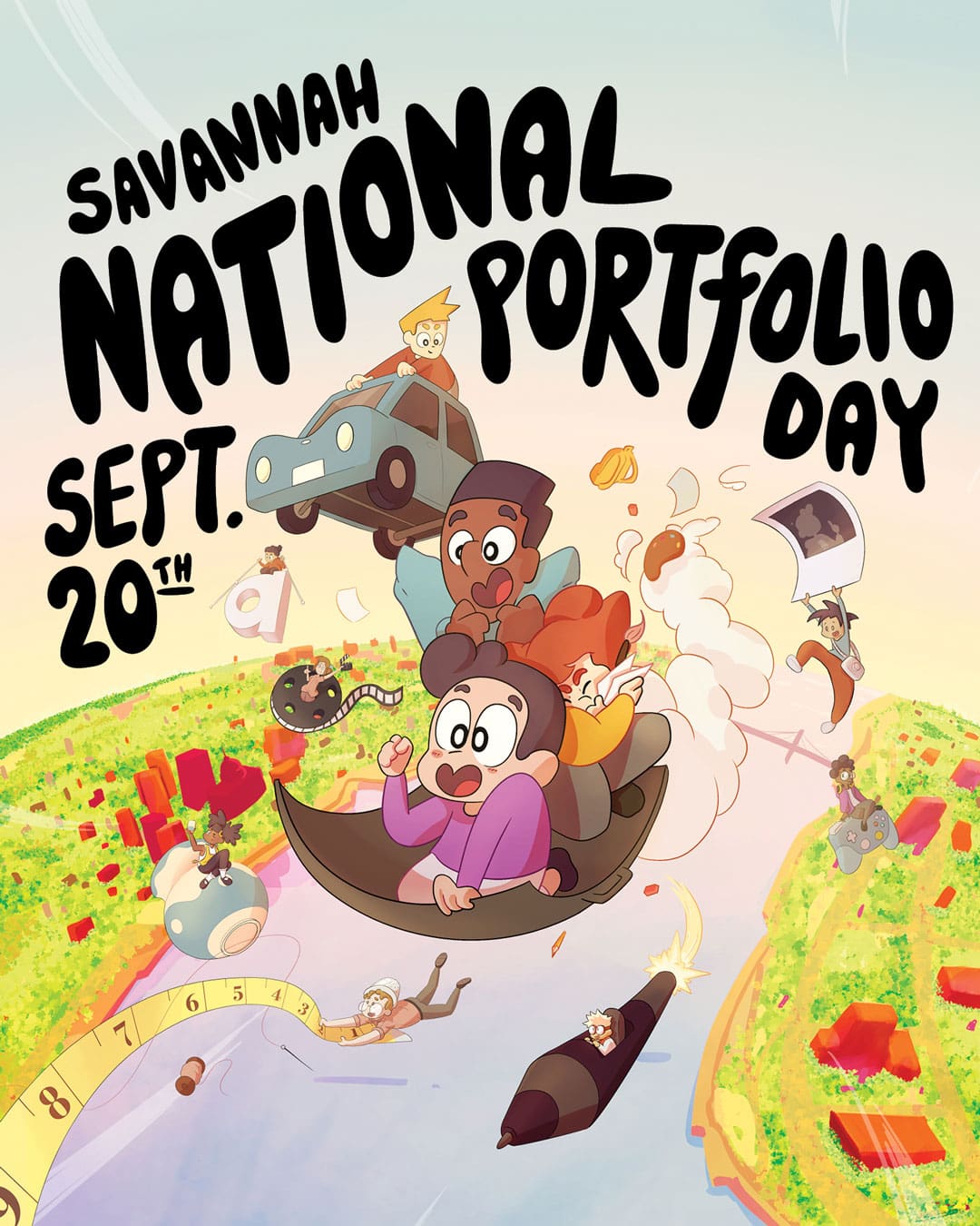 Cartoon-style poster for Savannah National Portfolio Day on September 20th, featuring animated students flying through a colorful, imaginative landscape.