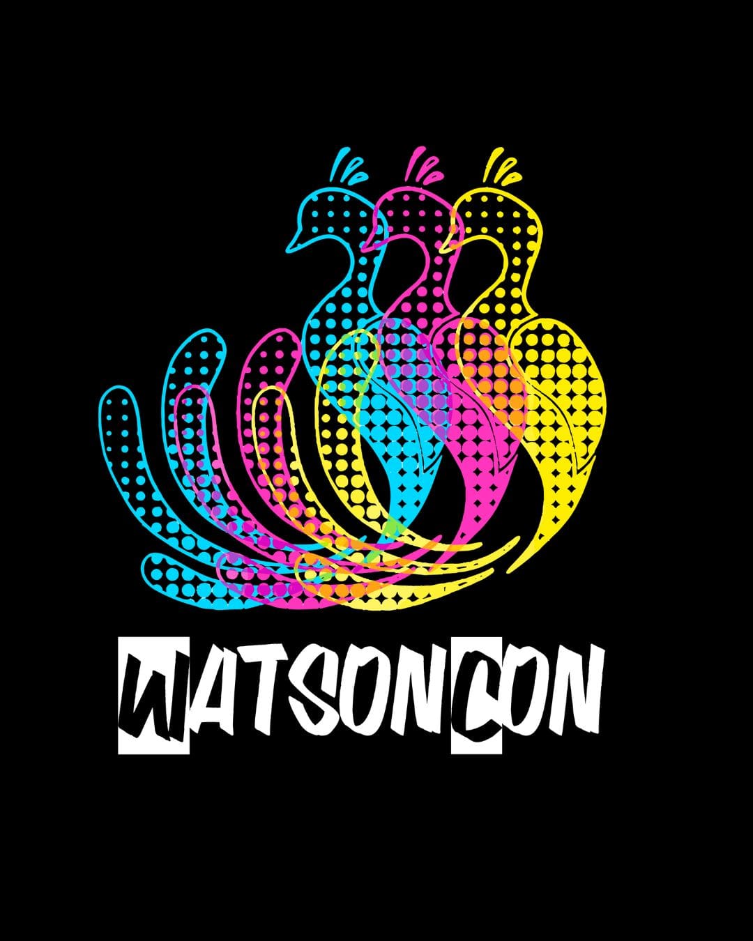 Three neon peacocks layered on top of each other in blue, pink, and yellow. Below the birds, the word WATSONCON is printed.