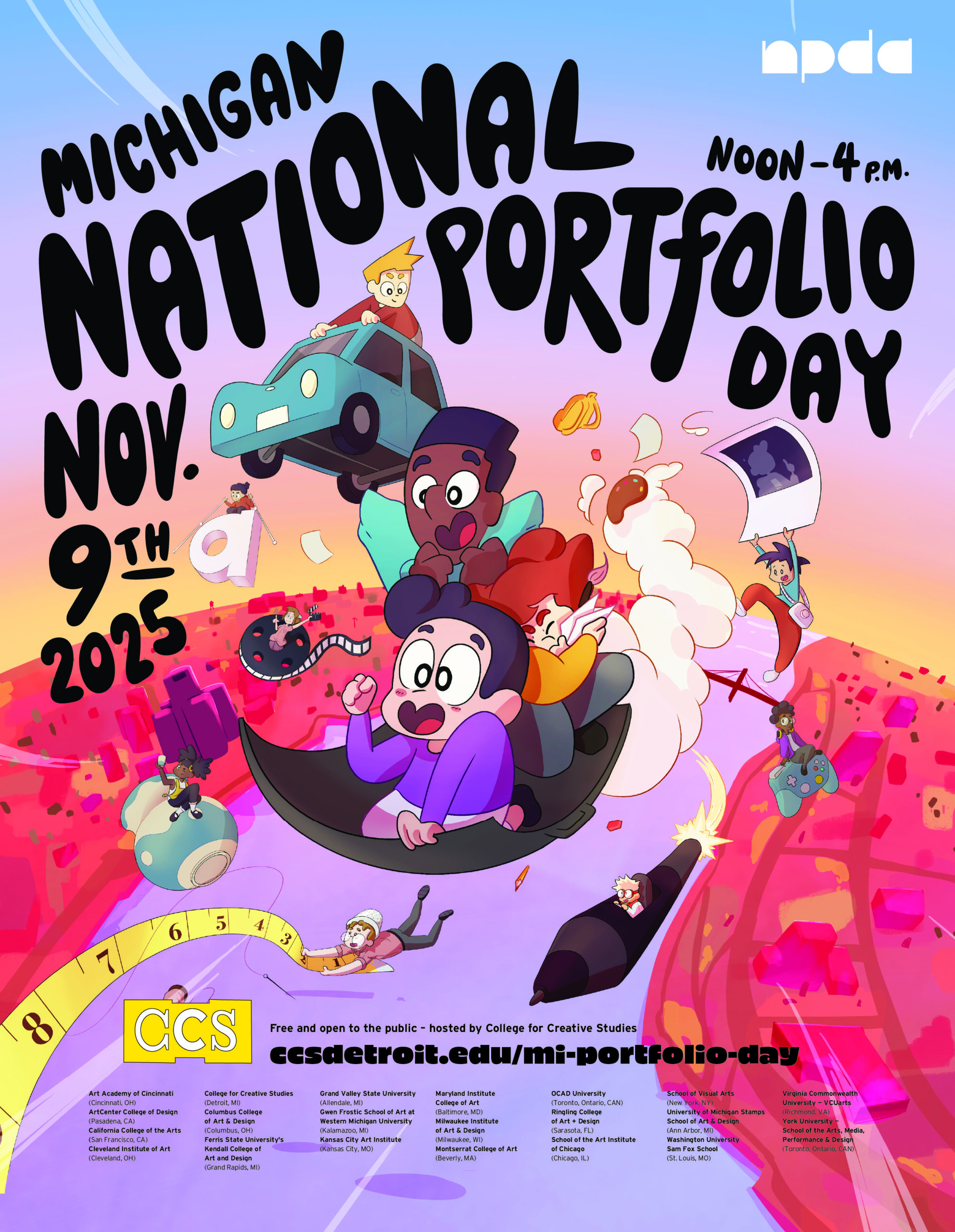 Cartoon-style poster for Michigan National Portfolio Day on November 9th, featuring animated students flying through a colorful, imaginative landscape.