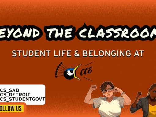 Orange thumbnail for CCS vlog “Beyond the Classroom: Student Life & Belonging,” with CCS logo, two illustrated students, and social media handles.