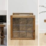 A triptych showing a handcrafted, rustic wooden side table with a tiled top. The first image shows the table in a modern living room, the middle image is a close-up of the tabletop, and the third image shows the table with three small vases.