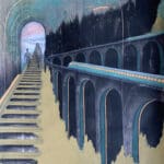 A long, arched train trestle bridge with a lit-up train on it curves across the center of the image. To the left, two shadowy figures ascend a long flight of stairs that disappear into a glowing tunnel.