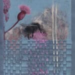 A large, dark bumblebee near a bright pink thistle flower against a textured blue and gray background.