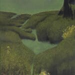 A rolling, moss-covered hillscape. A river flows through the deep green mounds. A tree trunk is visible in the upper right.