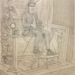 A drawing of a person wearing a suit, fedora, and sneakers, sitting in a director's chair. They are in a studio-like setting with curtains, a plant, and a dog sitting beside them.