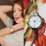 A diptych of two images. The left image shows a smiling woman with red hair wearing a light-colored shirt and a gold watch. The right image is a close-up of a gold watch on a floral background.