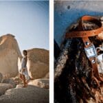A diptych of two images. The left image shows a barefoot woman in a white dress standing on a large rock with big boulders behind her. The right image is a close-up of a wrap-around watch with a brown leather strap and multiple chains and a seashell on a rock.