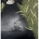 A person wearing a flowing black dress that transforms into a dark, foggy sea containing a sailing ship lays in a meadow.
