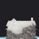 A house silhouette filled with rubble and debris.