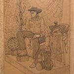 A drawing of a person dressed as a cowboy, sitting in a chair. The figure, along with the saddle and cacti next to them, is rendered in an intricate, flowing line-art style.