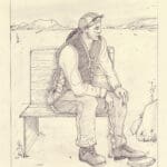 A drawing of a person wearing a headlamp, a vest, and a bandana, sitting on a bench in a desolate, rocky landscape. They are looking off to the side, with mountains visible in the distance.