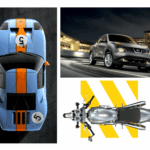 A grid of three vehicle images. The top left is a blue and orange race car viewed from above. The top right is a grey Nissan Juke driving at night. The bottom is a silver motorcycle viewed from above, with a yellow and white striped background.