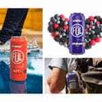 A three-part collage advertising a drink called FUL. The left image shows an orange can in a puddle being splashed by a person's feet. The top right image shows a purple can in the center of a heart shape made of berries. The bottom right image shows a person walking with a can in the pocket of their brown bag.