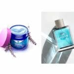 A diptych showing two products. The left image shows an open jar of VapoRub with a pink lid, with lavender sprigs beside it. The right image shows a bottle of Lacoste cologne with light shining on it.