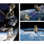 A triptych of images showing satellites in space. The top left image shows a satellite and an astronaut from a low angle. The top right shows a satellite in orbit over Earth at night. The bottom right is a view of a satellite from a low angle, with Earth and a moon in the background.