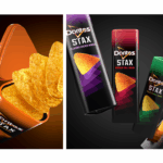 A diptych of product images for Doritos Stax. The left image shows an open orange tube of Doritos Stax with chips spilling out. The right image shows four different flavors of Doritos Stax tubes floating upright.