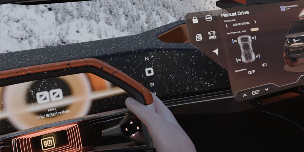 Rendering of someone driving an active lifestyle vehicle for content creators. Includes large touchscreens
