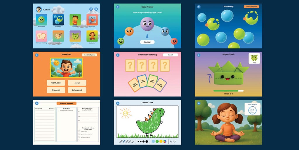 colorful screens with animated characters from “Brain Bounce” Gamified cognitive behavior activities for kids designed to help teachers care for elementary school students with emotional dysregulation without disruption to class time.