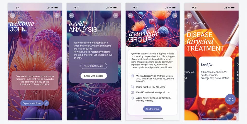 colorful screens from the“BioAlign” app showing a patient-centric medical app designed to empower patients to discover complementary and alternative medical systems that align with their belief system based on scientific facts.