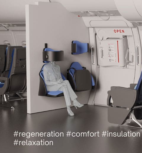 rendering of a person sitting in an aircraft showing the implementation of “Echoes of Calm” immersive sound environment