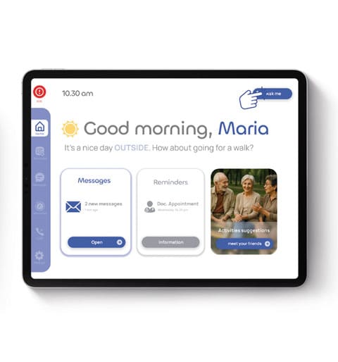 Screen showing good morning messaging on “Harmonia,” a smart support ecosystem for elderly care designed to be a calm, intuitive and emotionally supportive interface.