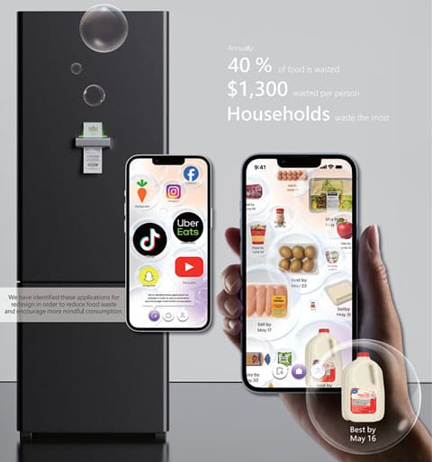 hands holding an app called “Why Waste.” It is a critical design project that exposes the hidden habits and systems underlying our everyday food waste.
