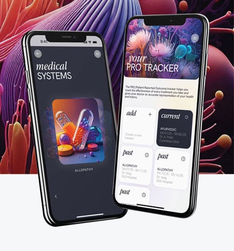 “BioAlign” a patient-centric medical app on a colorful background, designed to empower patients to discover complementary and alternative medical systems that align with their belief system based on scientific facts.