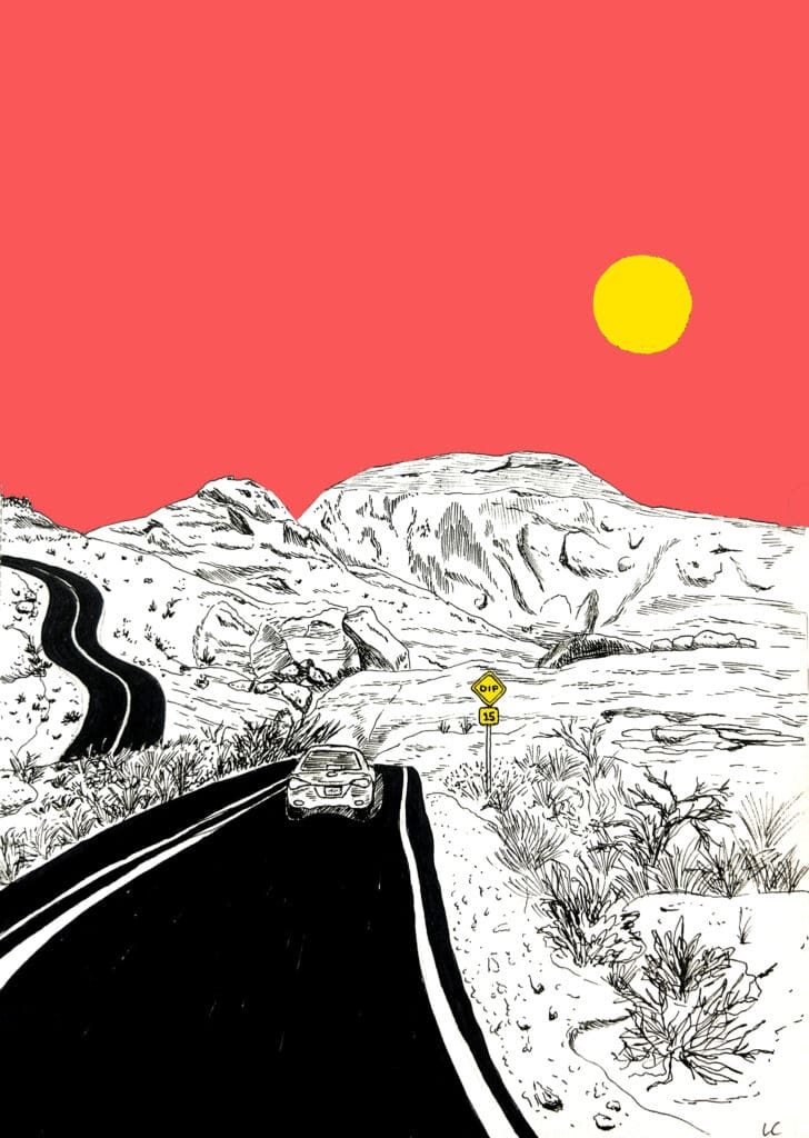 Artwork by Lucy Cahill of of a car driving on an asphalt road through a desert landscape under a bright pink sky with a yellow sun.