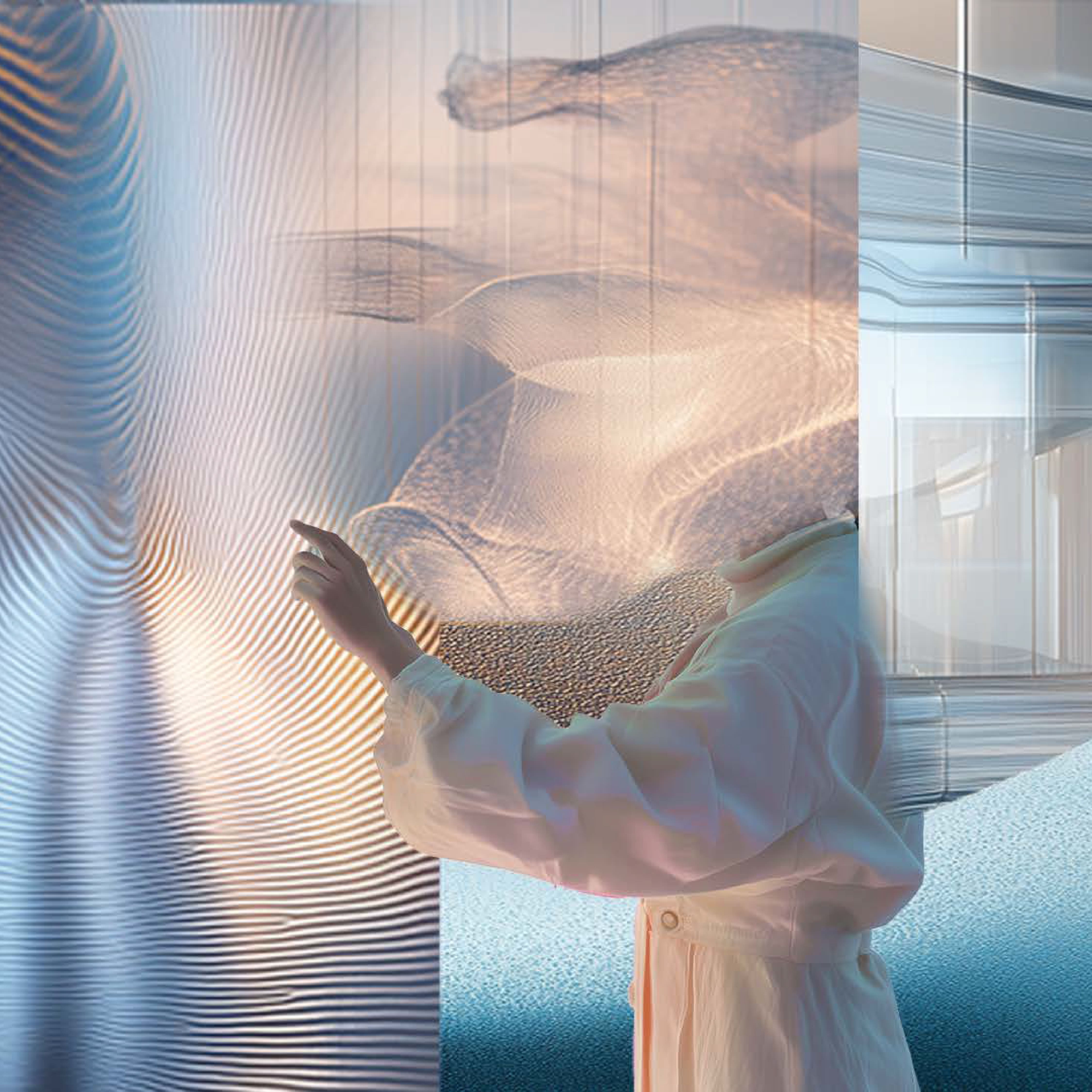 A person in a light, cream-colored garment touches a swirling, rippled digital screen or glass panel with their right hand. The background is a collage of abstract, soft-focus shapes and textures in cool blue and warm beige tones.