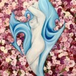 Image of a black and white body with arms raised in front of a light blue abstract diamond shape. There is a background consisting of Pink, red, and white flowers.