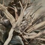 Image of black and white limb-like branches covering the page.