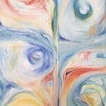 Image of a watercolor painting with five large swirls. Yellow, Blue, Green, and white dominate the page.