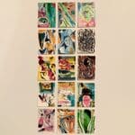 Collection of 15 small squares of abstract watercolor paintings.
