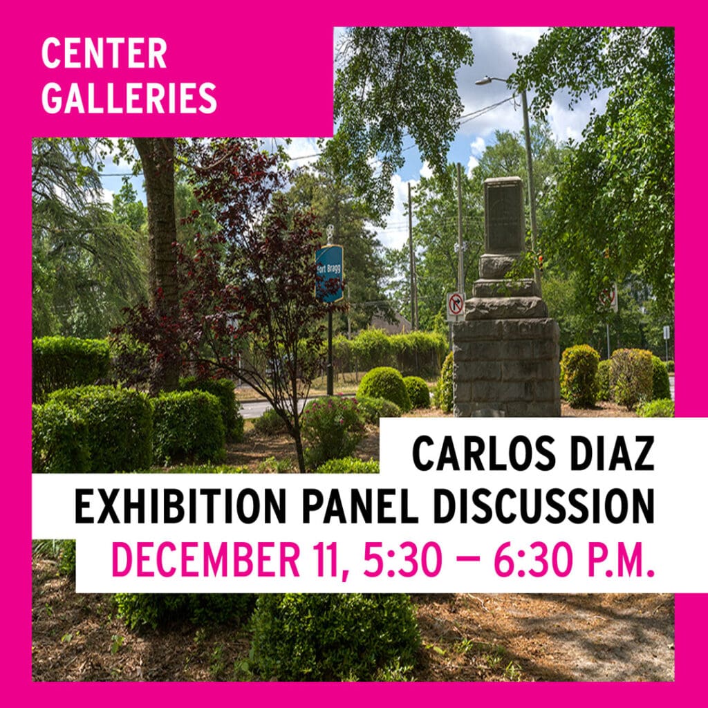 Promotional graphic for Carlos Diaz Exhibition Panel Discussion on December 11, 5:30-6:30 P.M. at the Center Galleries in Detroit.