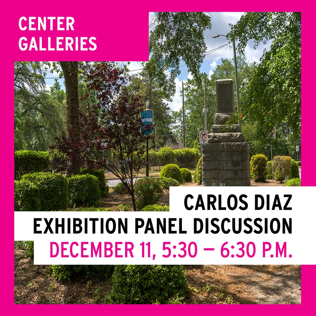 Promotional graphic for Carlos Diaz Exhibition Panel Discussion on December 11, 5:30-6:30 P.M. at the Center Galleries in Detroit.
