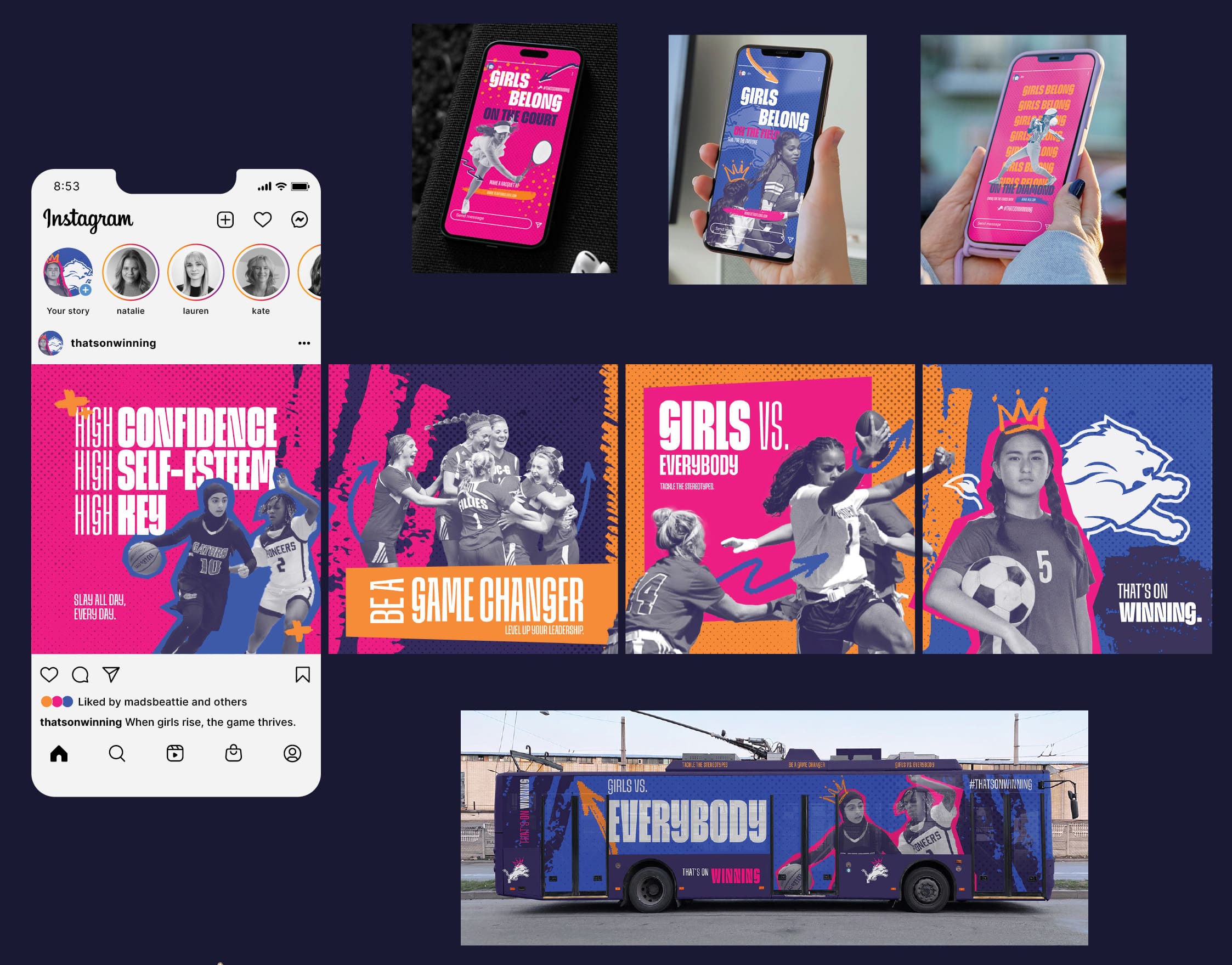 Social media and billboard concepts for the "Its On Winning" brand, featuring female athletes, bold graphics, and bright colors.
