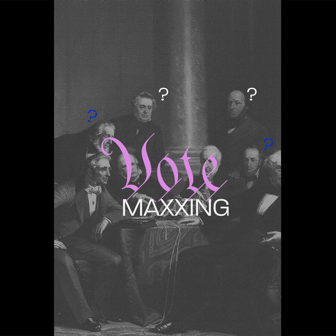 A monochromatic, historical photo of a group of men around a table overlaid with the text "Vote MAXXING" in pink and blue question marks.
