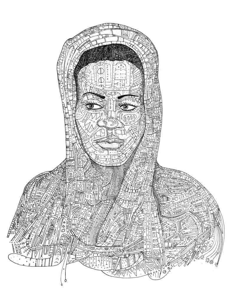 Artwork by Joshua Mulligan of a person in a hood, drawn in a complex, intricate, and stylized mechanical or circuit board pattern.