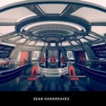 Digital illustration of a spaceship with five red chairs in the middle, and two on each side. Screens and technology cover the walls.